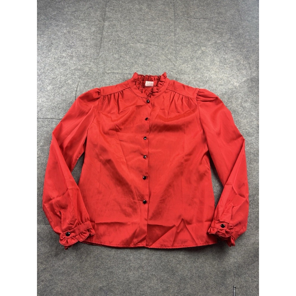 Vintage 80s Women's L High Neck Blouse Stripe Ruffle Red Sheer Prairie Secretary